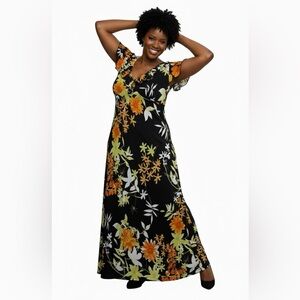 Black Floral Chiffon Dress with Yellow, Green and Peach Blooms.